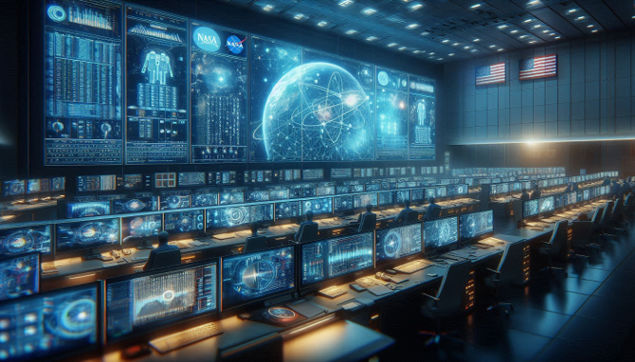 A NASA control room with monitors displaying codes of data, showcasing secure access through identity verification.