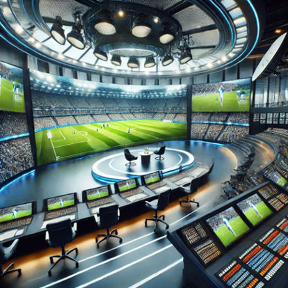A modern sports broadcast studio with large screens displaying a live soccer match, connected to satellite dishes outside under a clear sky.