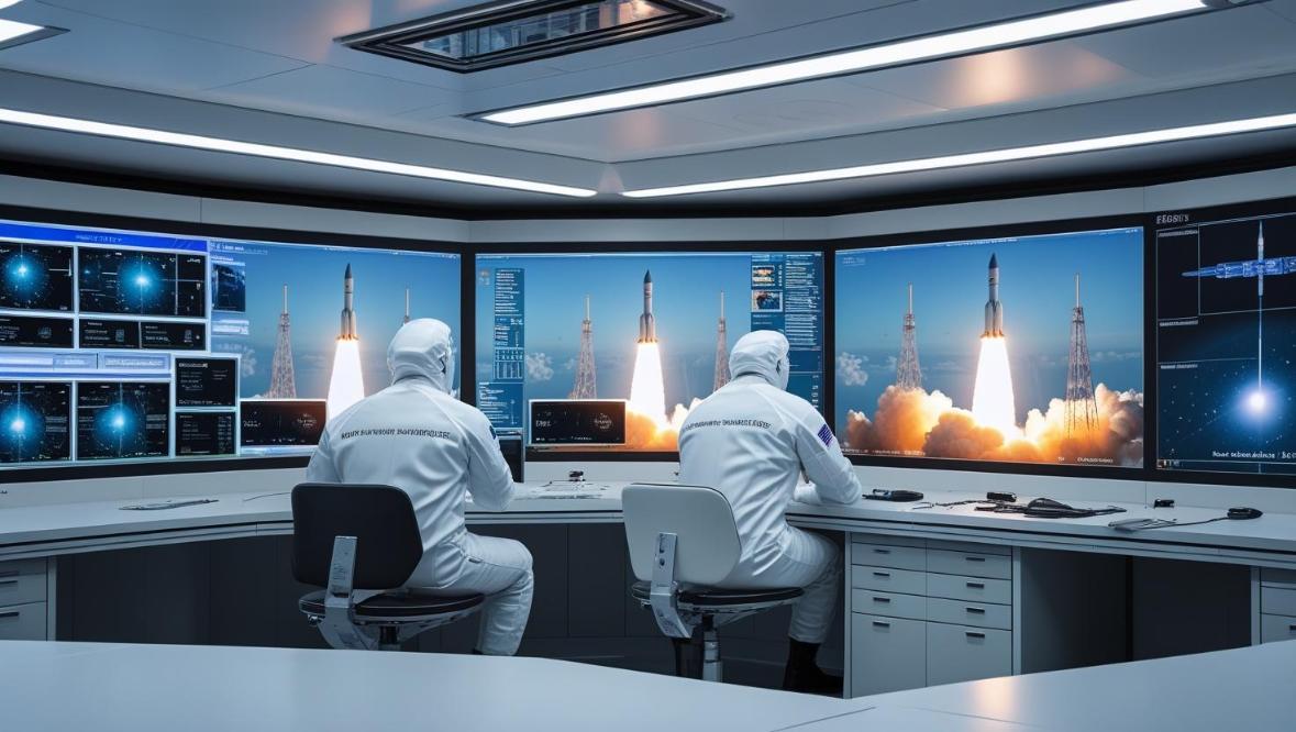 Engineers monitor IPTV space feeds inside a modern British space research control center.